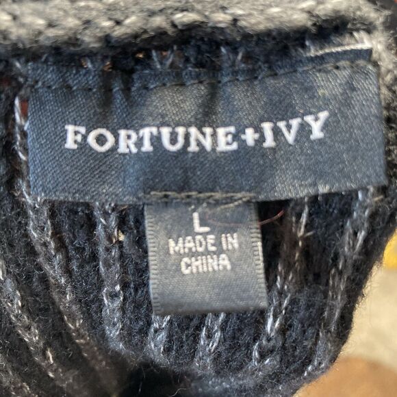 Fortune + Ivy Sweater L Waffle Knit Open Front Long Cardigan Pockets Black Grey - Picture 5 of 8